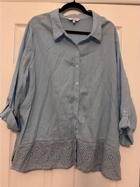 Coral Bay Light Blue Linen Blend Button-Down Shirt with Eyelet Hem Size 3X